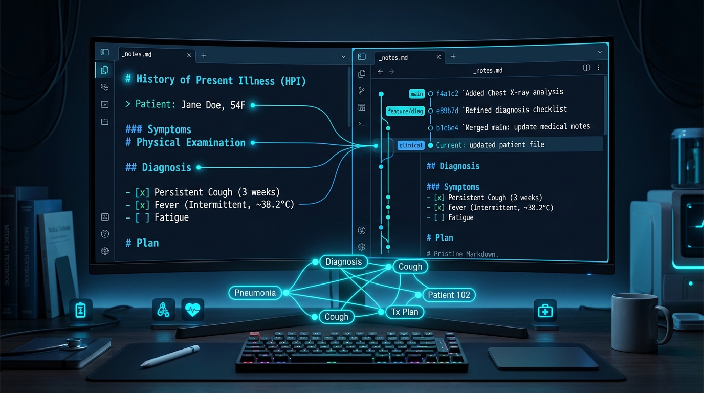 A sleek developer interface showing structured clinical notes transforming into clean Markdown, Git commits, and an interconnected knowledge graph