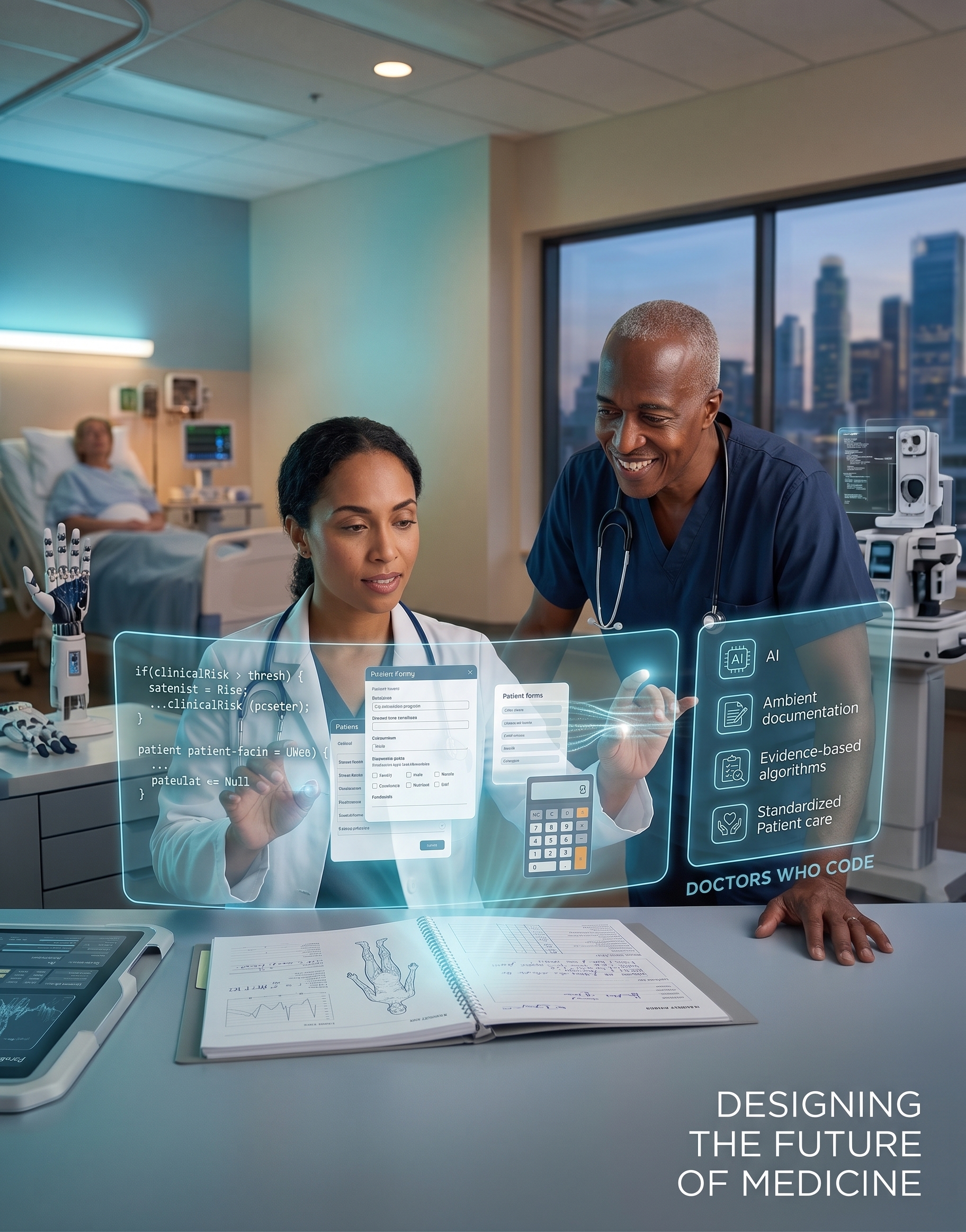 Two physicians designing clinical software beside a patient, with interfaces for ambient documentation, evidence-based algorithms, and standardized patient care