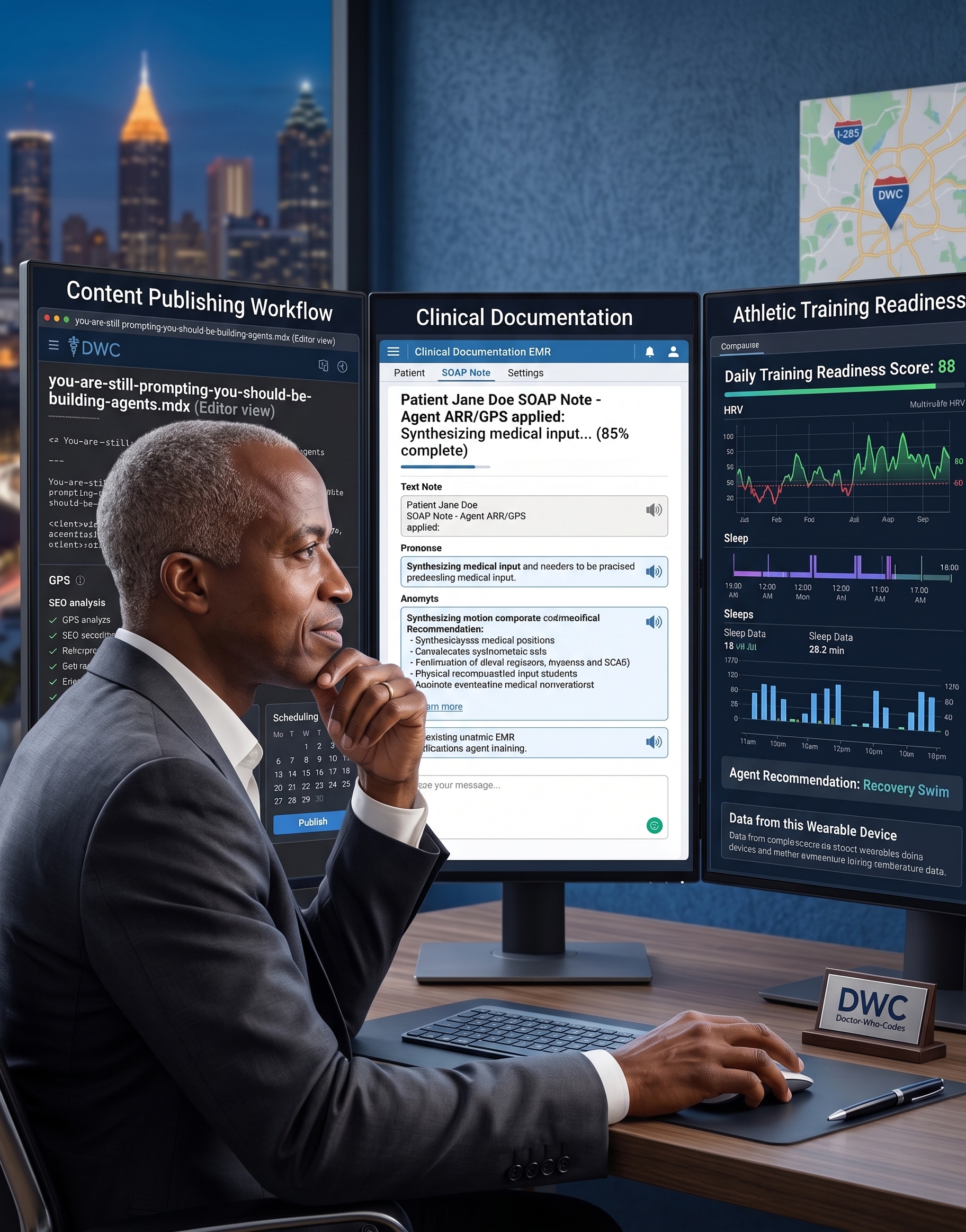 Physician-developer reviewing three parallel agent workflows on screens representing clinical documentation, content publishing, and daily training readiness
