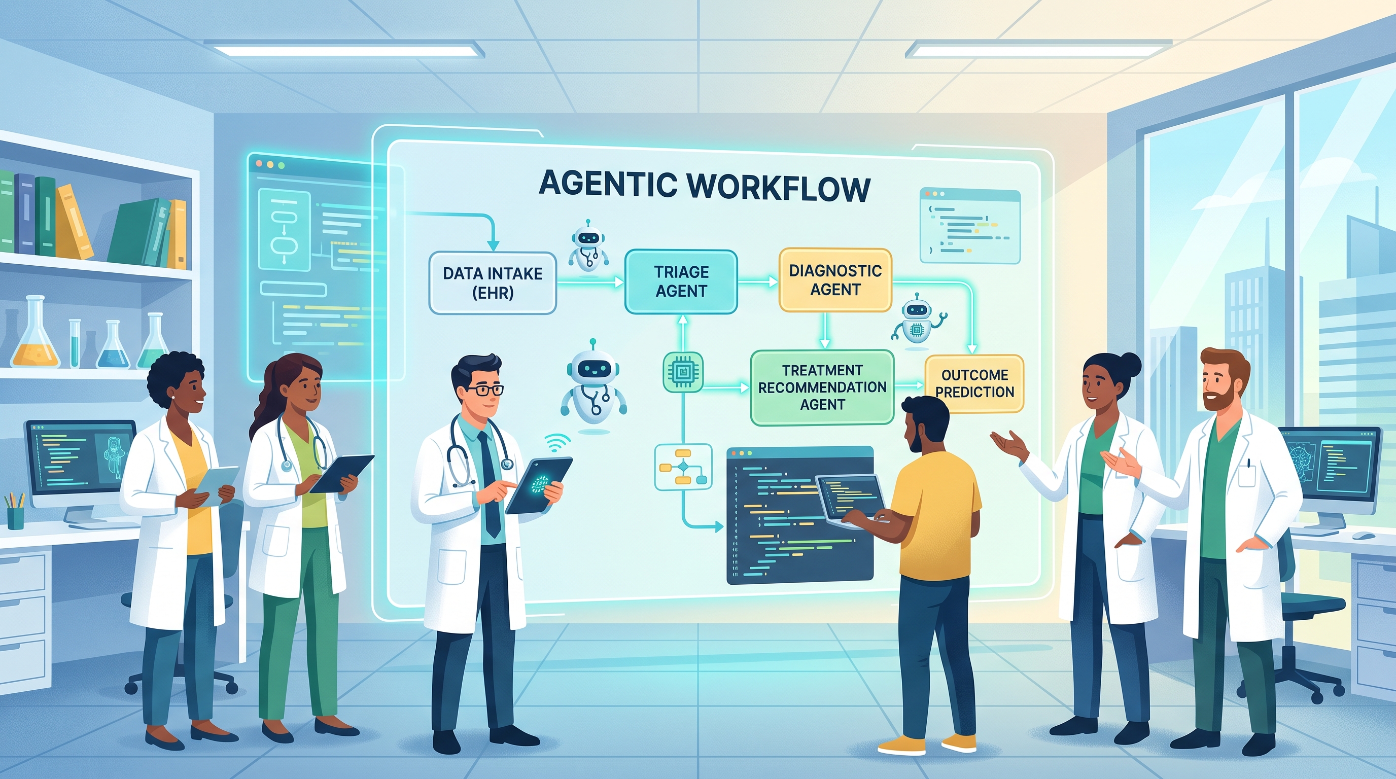 A physician-developer reviewing an assignment brief, a proposed agent plan, a code change, and passing tests before approval